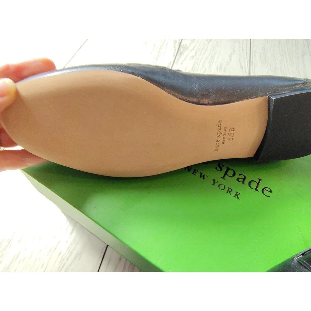 Kate‎ Spade Leighton Black Leather Penny Loafers Gold Logo Flats 5.5B New